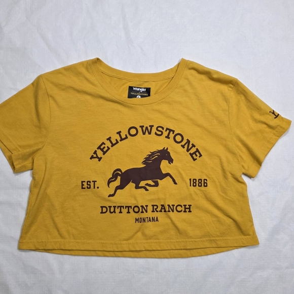 Yellowstone Dutton Ranch Crop Top Wrangler Tee Women’s Medium Yellow Ranch Horse - Picture 2 of 7